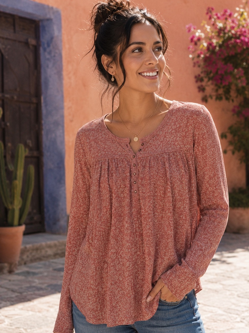 LUCKY BRAND Boho Pink With White Floral Thermal Tunic Top Size XS